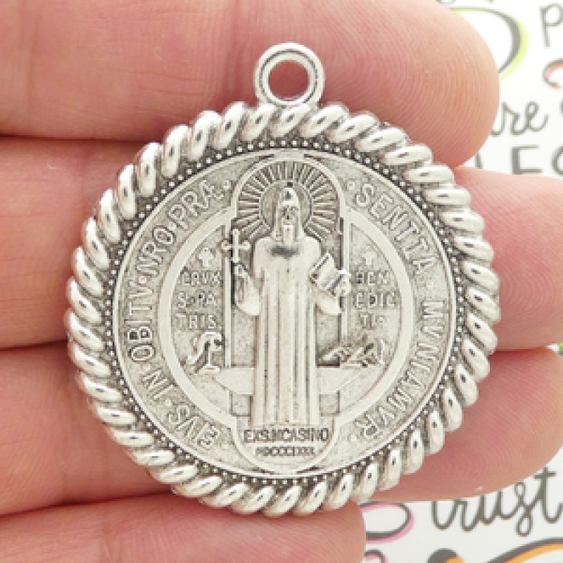 St Benedict Medal Silver Pewter Large With Rope Trim