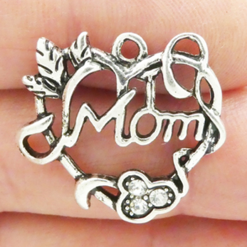 Heart Mom Charms Wholesale With Crystal In Silver Pewter