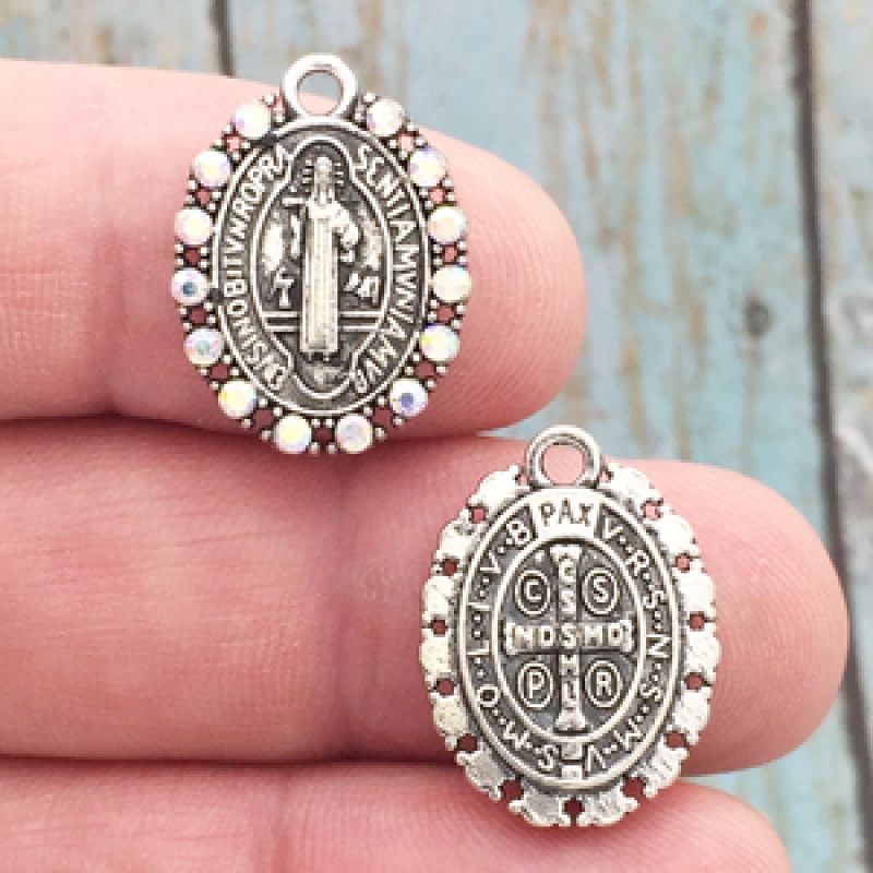 Silver St Benedict Medal With Ab Crystal In Pewter