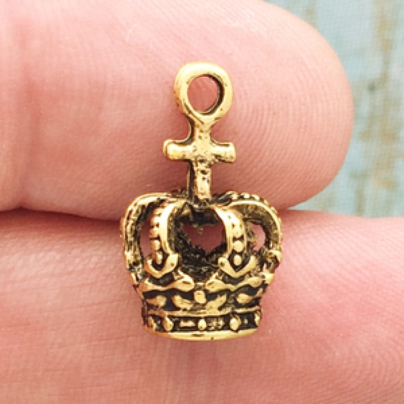 Gold Crown Charm With Cross In Pewter 3D Charm