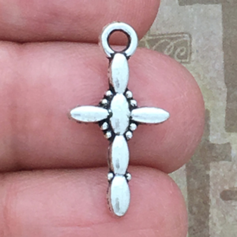 Silver Cross Charm In Pewter With Oval Bead Design