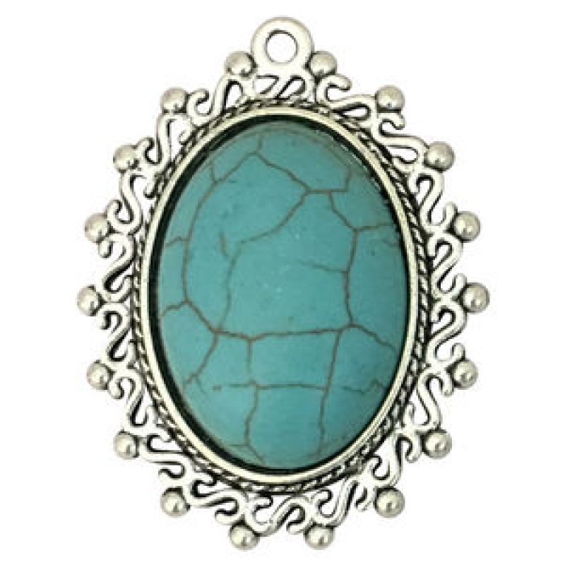 Silver Oval Turquoise Pendant With Swirl And Bead Accents In Pewter