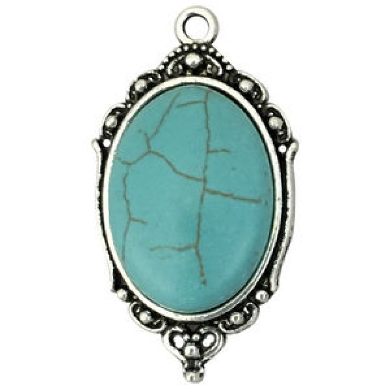 Silver Oval Turquoise Pendant With Bead Design In Pewter