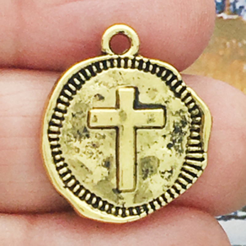 Gold Cross Medallion Charm In Pewter