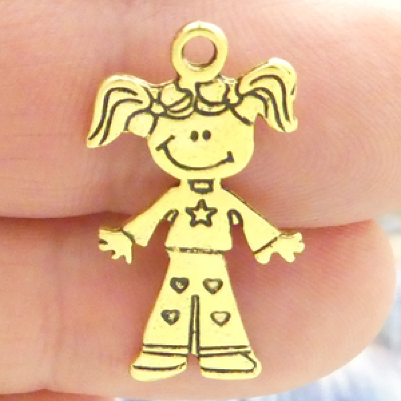 Girl Charm Pendant In Gold Pewter With Heart Accents