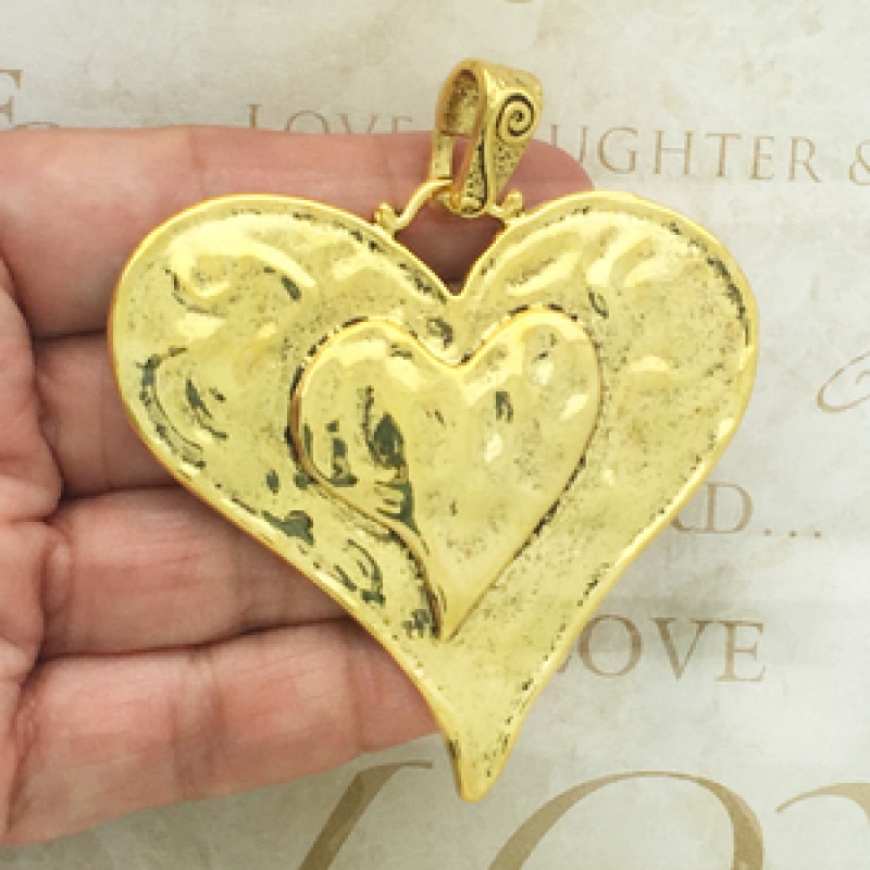 Gold Hammered Heart Pendant In Pewter