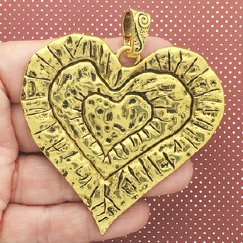 Gold Hammered Heart Pendant Necklace In Pewter