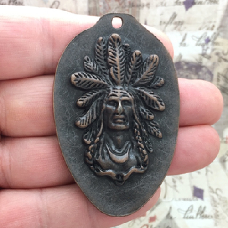 Copper Indian Chief Charm Pendant In Pewter