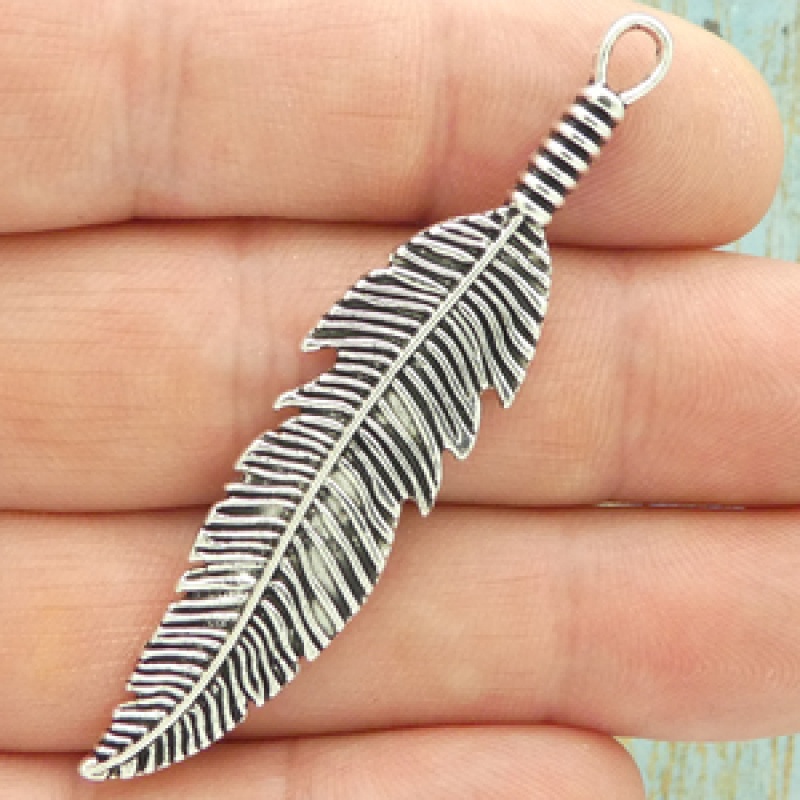 Large Feather Charm In Silver Pewter