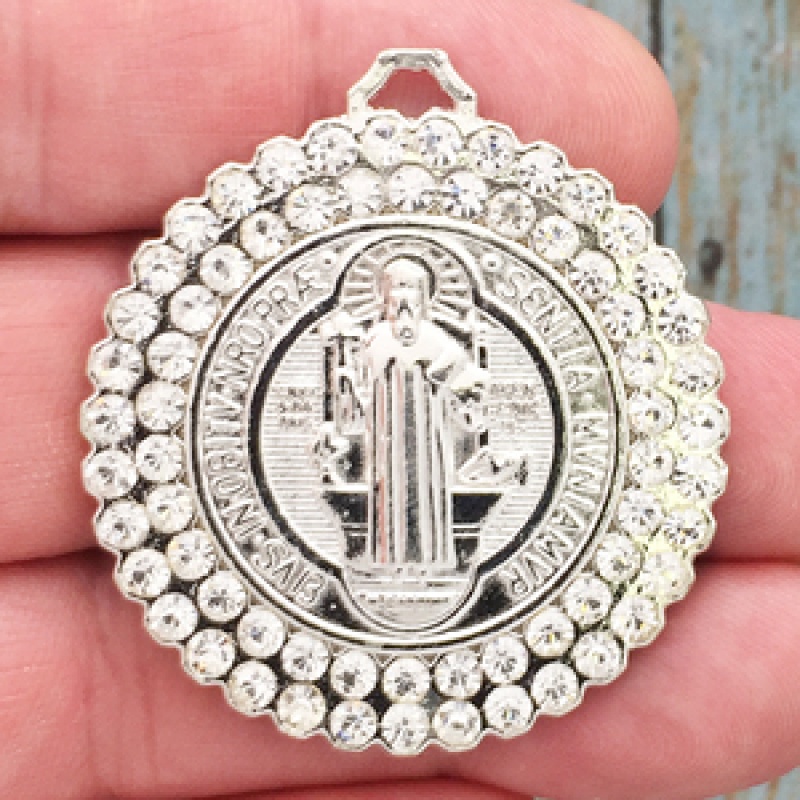 Silver St Benedict Medal With Crystal In Pewter