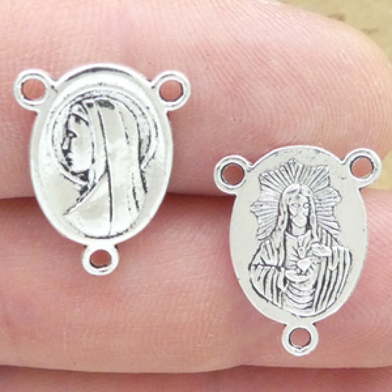 Sacred Heart Rosary Centerpiece With Mother Mary In Silver Pewter