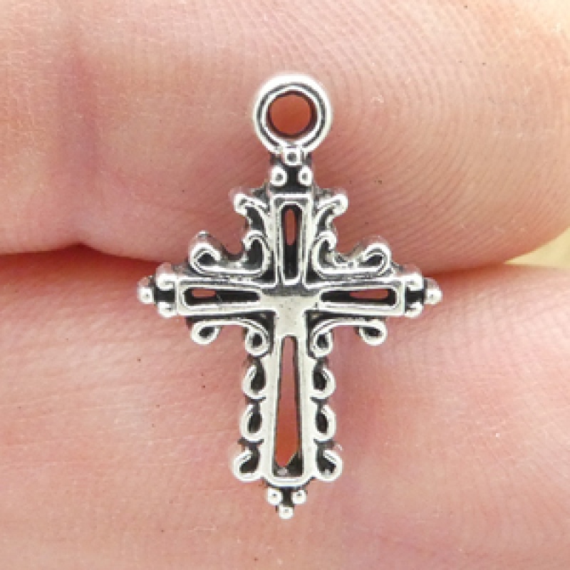 Ornate Cross Charm In Antique Silver Pewter Small