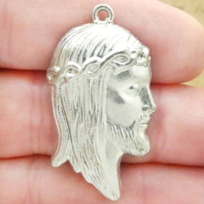 Silver Jesus Head Pendant In Pewter