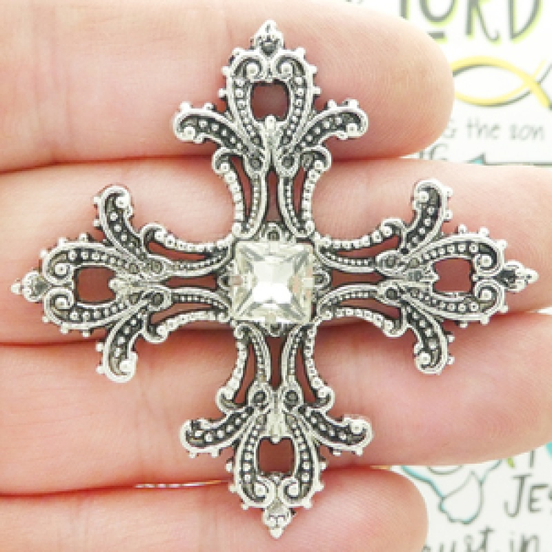 Crystal Cross Embellishments In Silver Pewter