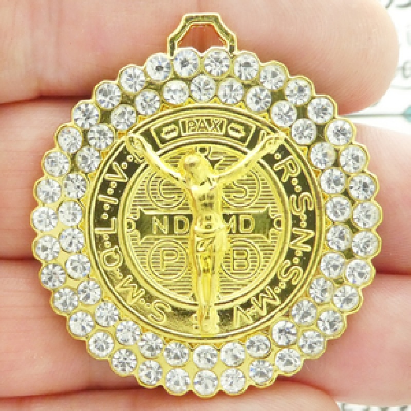 Gold St Benedict Medal Wholesale In Pewter With Crystal Large