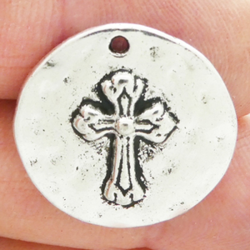 Hammered Cross Pendants Bulk With Faith On Silver Pewter Disk