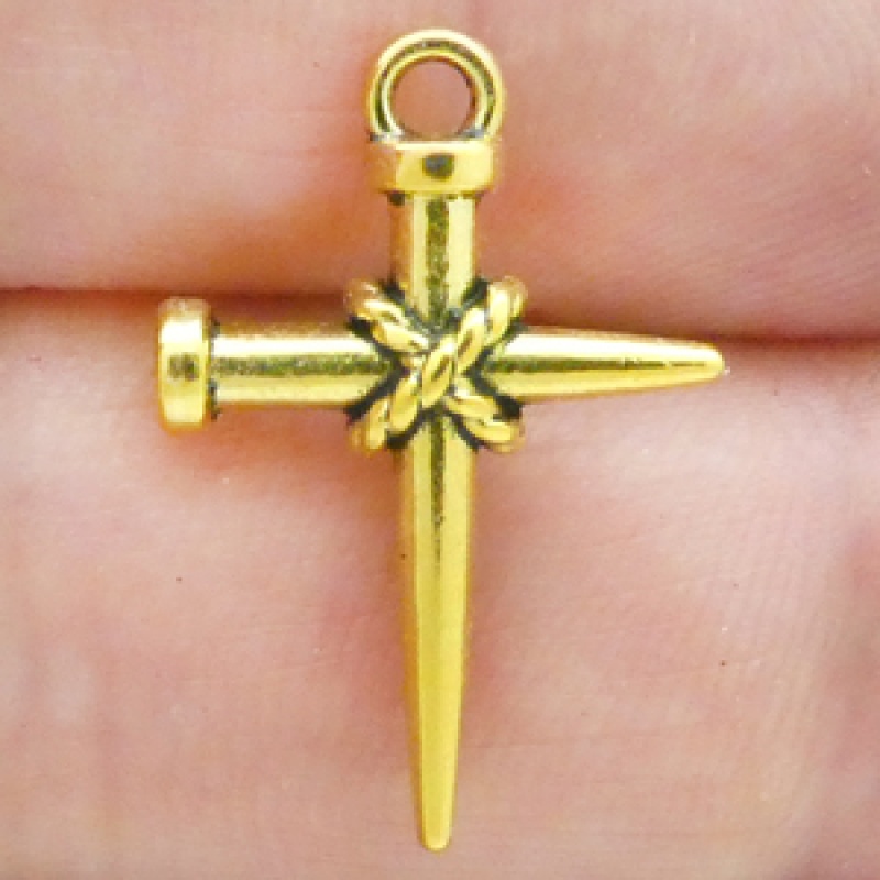 Nail Cross Charm Pendant In Gold Pewter Small