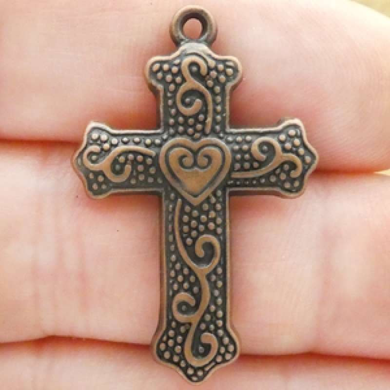 Cross Charms Wholesale In Copper Pewter With Heart Accent