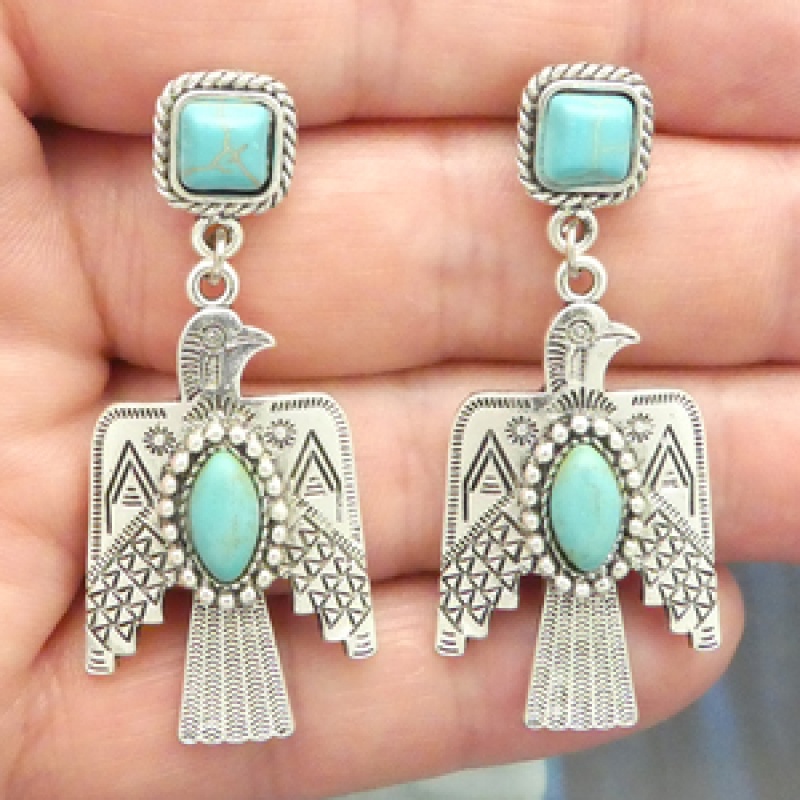 Thunderbird Earrings In Antique Silver Pewter With Turquoise