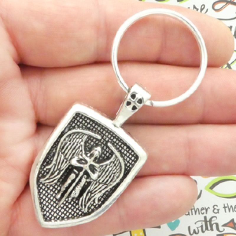 Archangel St Michael Keychain Silver Pewter