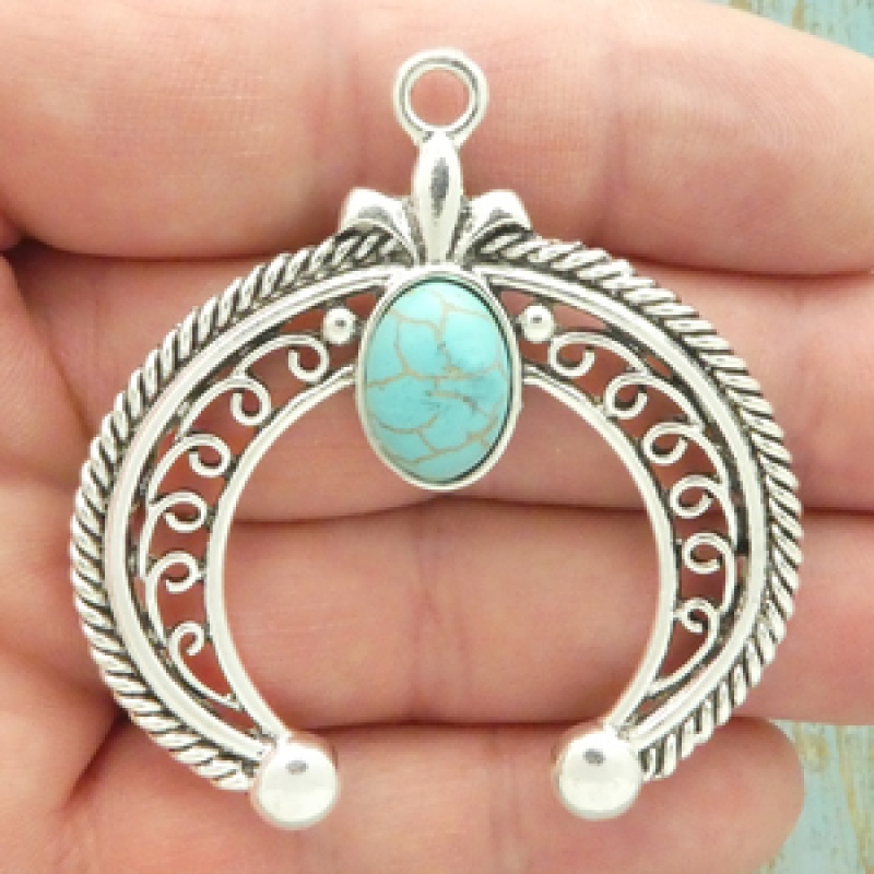 Silver Crescent Bali Turquoise Pendant In Antique Pewter