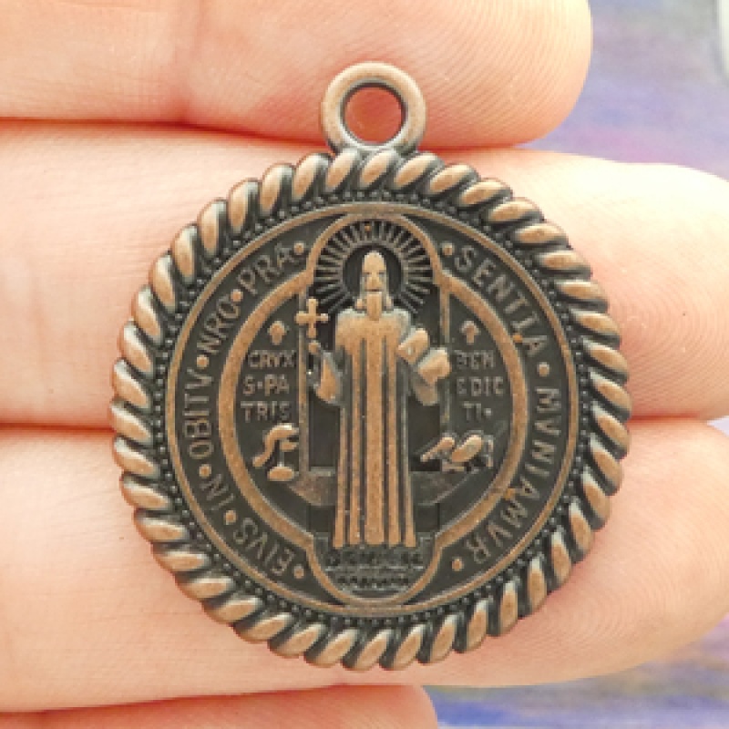 St Benedict Medal Pendant With Rope Trim In Antique Copper Pewter