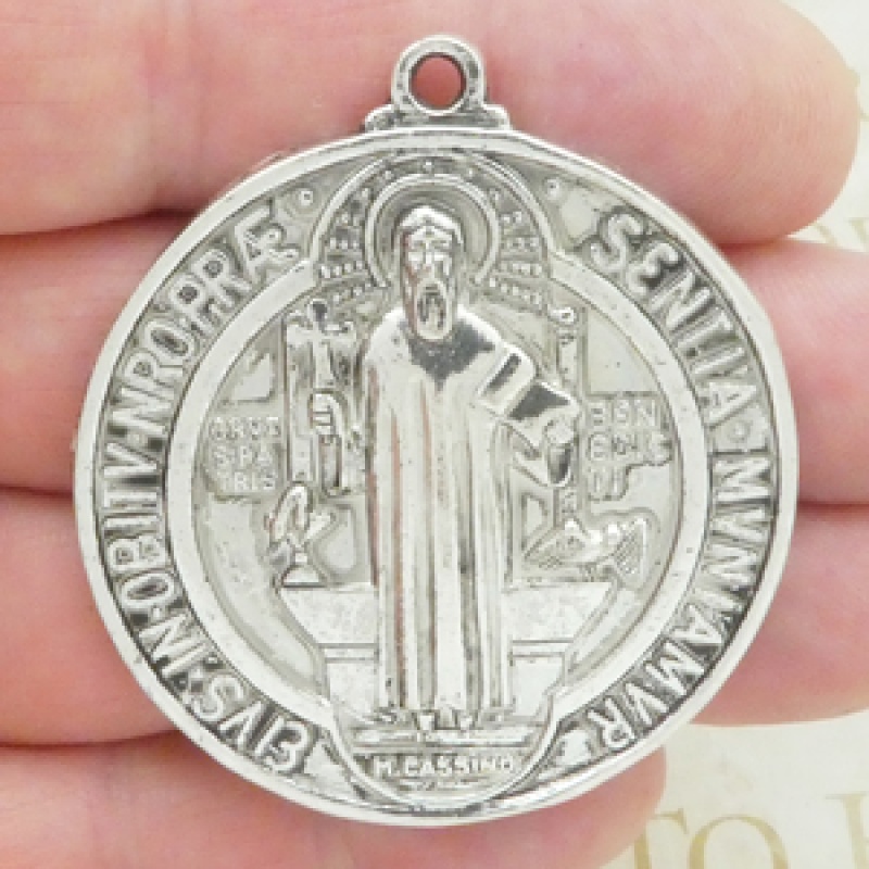 Silver St Benedict Medal Pendant In Pewter Large