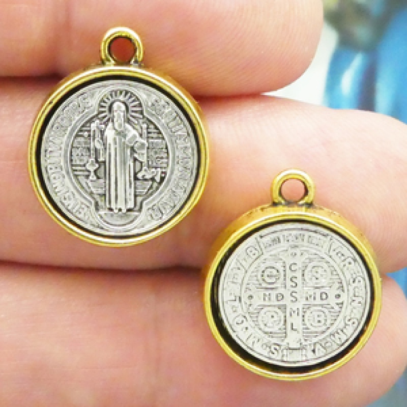 St Benedict Medal In Antique Silver And Gold Pewter Medium