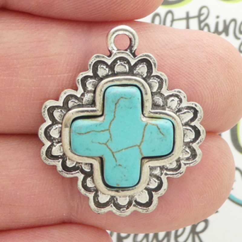 Turquoise Southwest Cross Charm In Silver Pewter