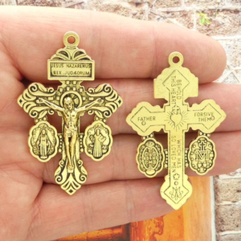 3 Way Pardon Indulgence Crucifix With Miraculous Medal And St Benedict Medal In Gold Pewter