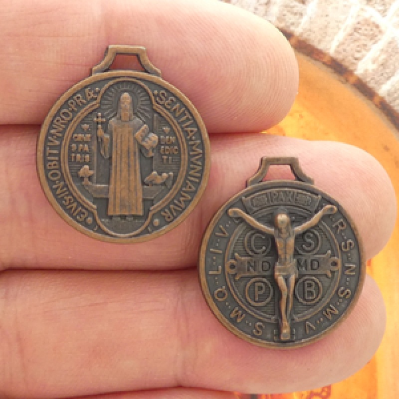 St Benedict Medal Pendant With Crucifix In Copper Pewter