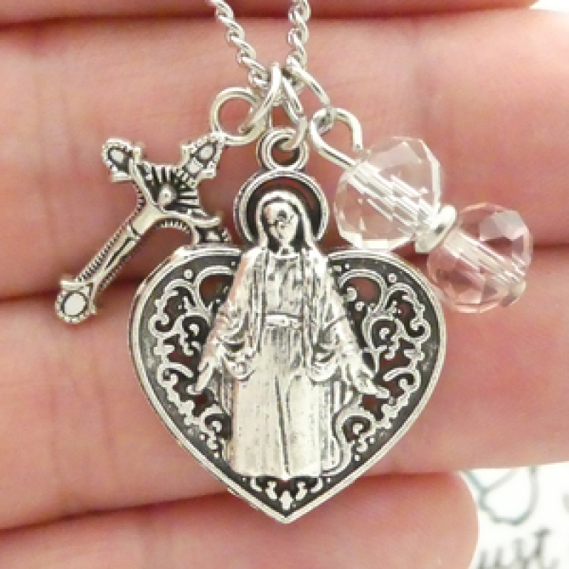 Our Lady Of Grace Necklace With Crucifix On Curb Chain In Silver Pewter