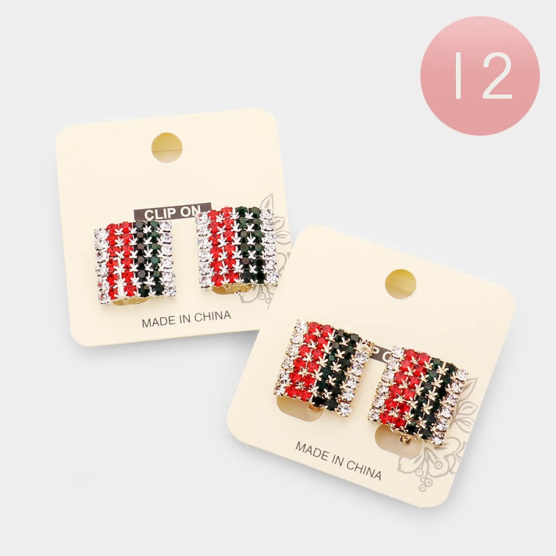12Pairs - Color Block Rhinestone Square Clip On Earrings