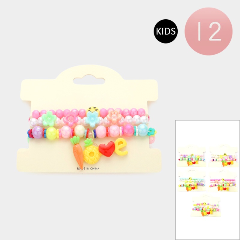 12 Set Of 3 - Carrot Heart Pointed Love Message Charm Flower Beaded Stretch Kids Bracelets