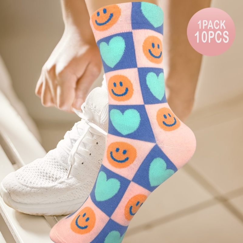 10Pairs - Smile Face Heart Pattern Printed Socks