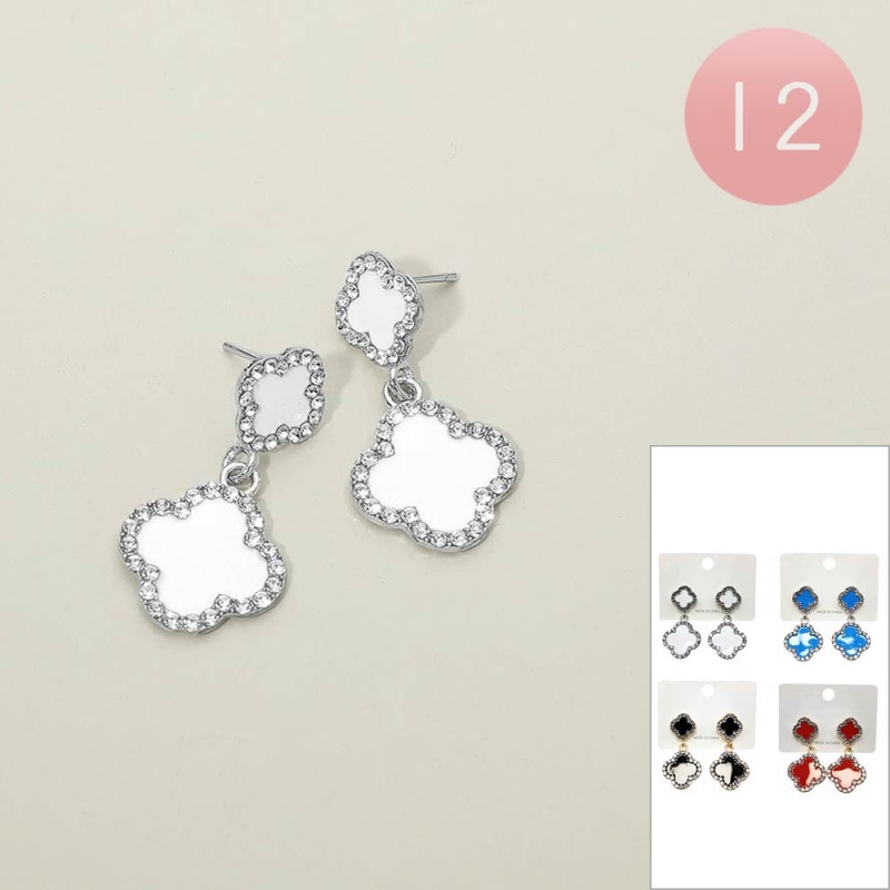 12Pairs - Rhinestone Pave Rim Quatrefoil Drop Earrings