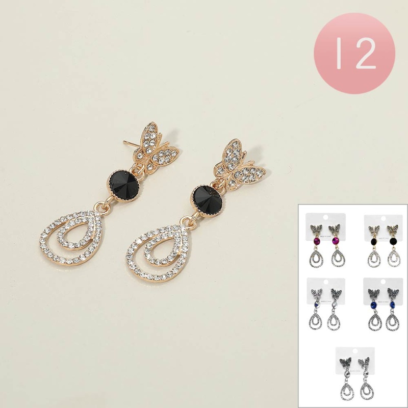 12Pairs - Oval Faceted Stone Accent Rhinestone Pave Butterfly Teardrop Earrings