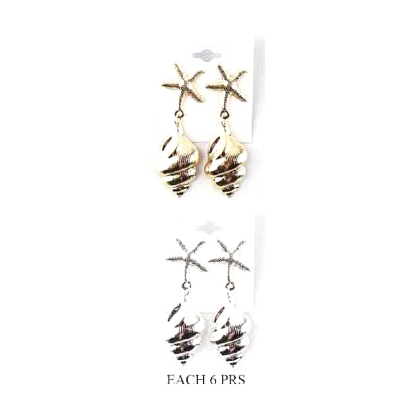 12Pairs - Metal Starfish Accent Shell Drop Earrings