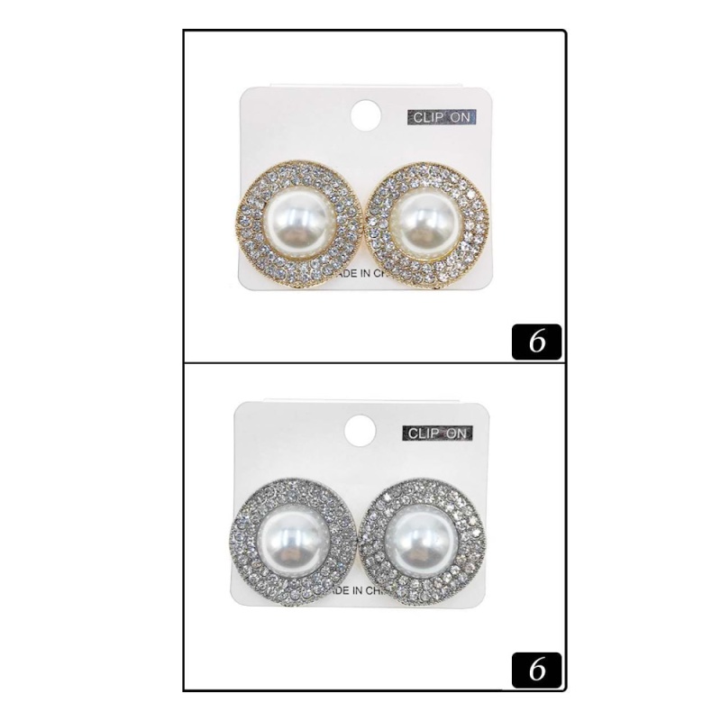 12Pairs - Rhinestone Pave Halo Round Pearl Clip On Earrings