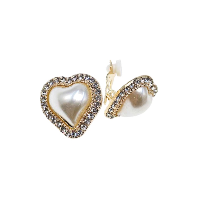 12Pairs - Rhinestone Pave Halo Heart Pearl Clip On Earrings