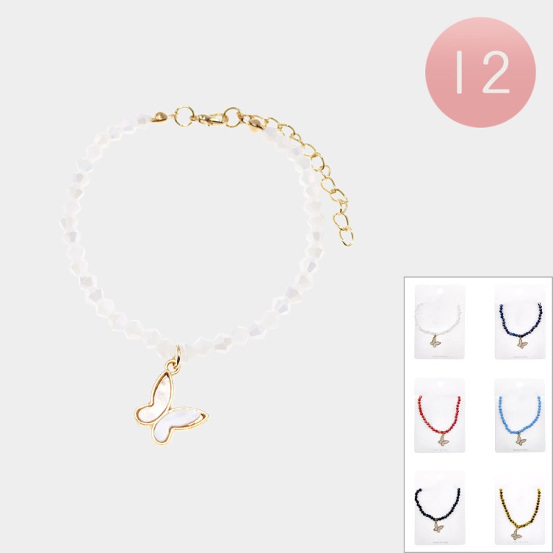 12Pcs - Butterfly Charm Faceted Beaded Bracelets