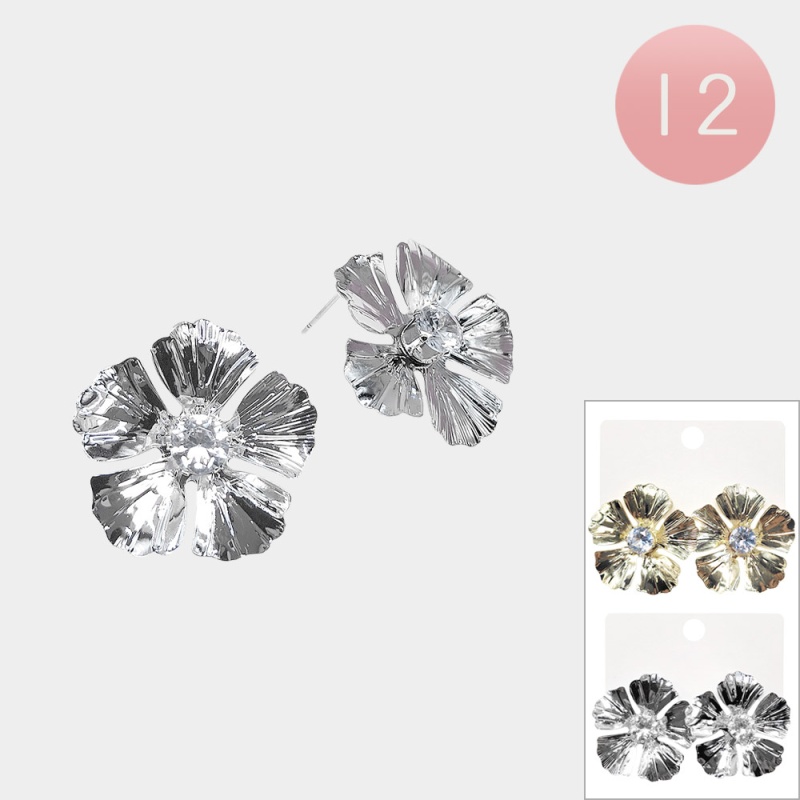 12Pairs - Stone Center Textured Metal Flower Stud Earrings