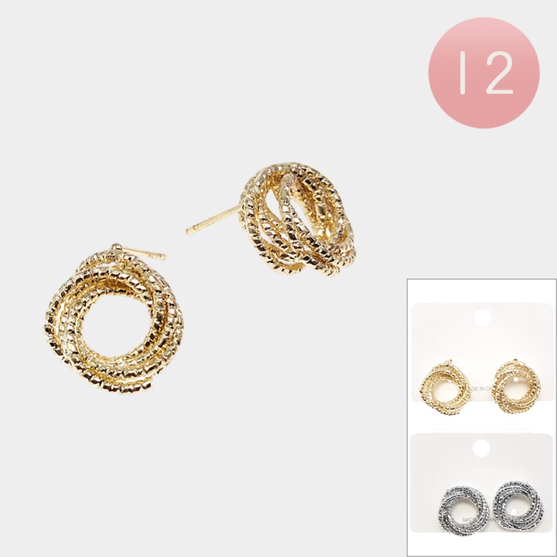 12Pairs - Textured Metal Layered Circle Stud Earrings