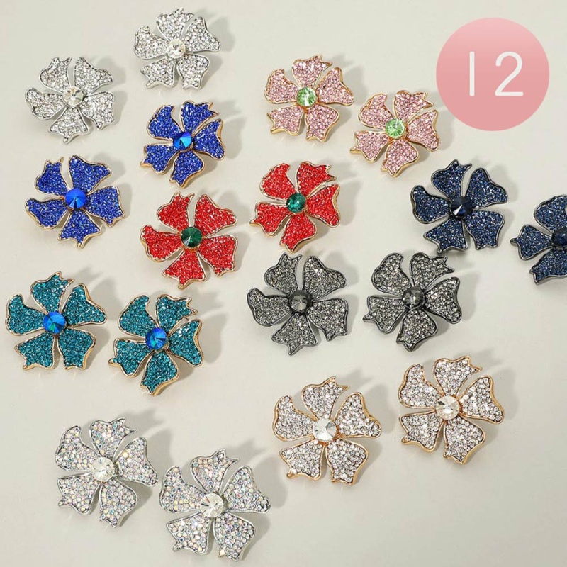 12Pairs - Rhinestone Pave Floral Stud Earrings