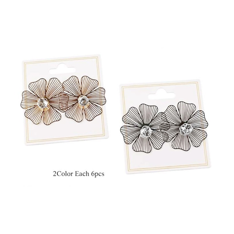 12Pairs - Stone Centered Metal Cutout Floral Earrings