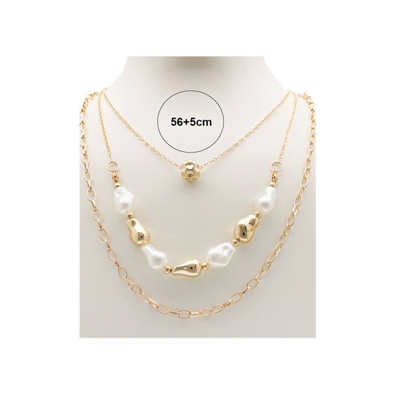 12Pcs - Pearl Metal Pebble Beaded Triple Layered Necklaces