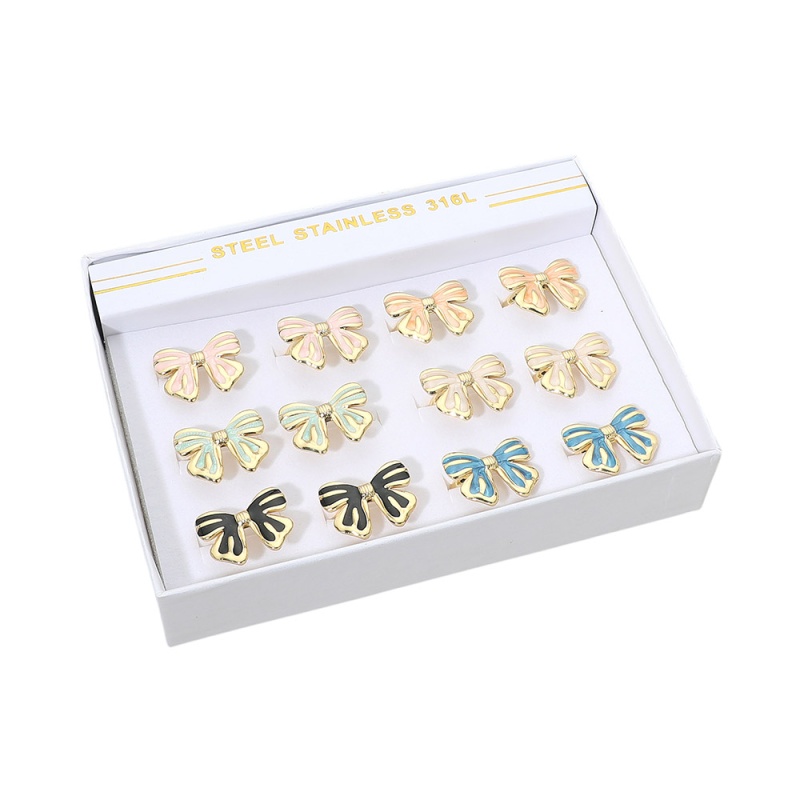 12Pcs - Stainless Steel Enamel Bow Accent Adjustable Rings