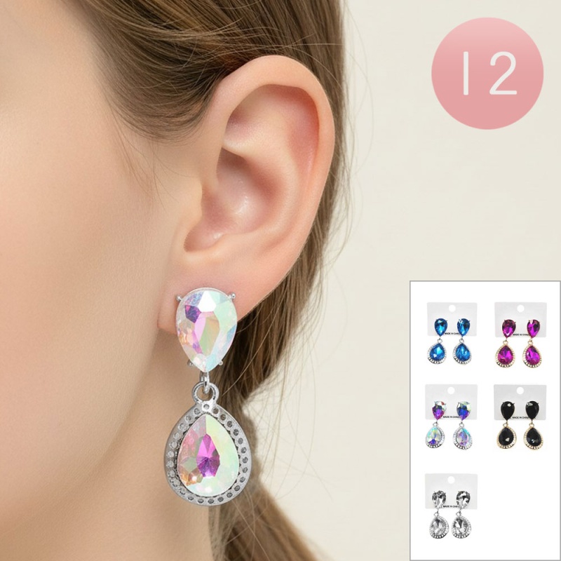 12Pairs - Double Teardrop Gem Link Drop Earrings
