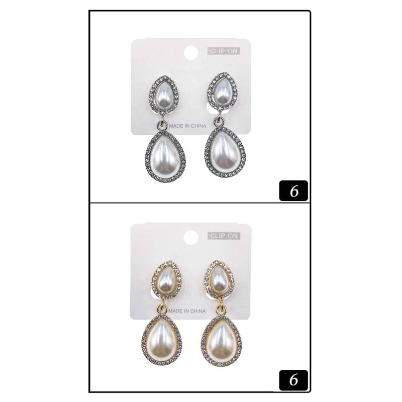 12Pairs - Rhinestone Trim Teardrop Pearl Drop Clip On Earrings